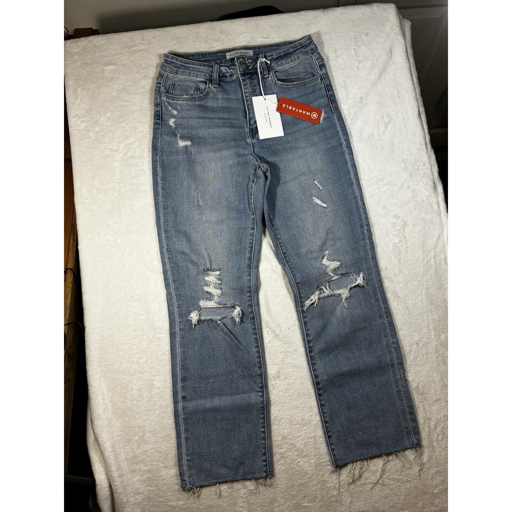 Flying Monkey SUPER HIGH RISE DISTRESSED STRAIGHT JEANS 29 Icy Blue Frayed Hem